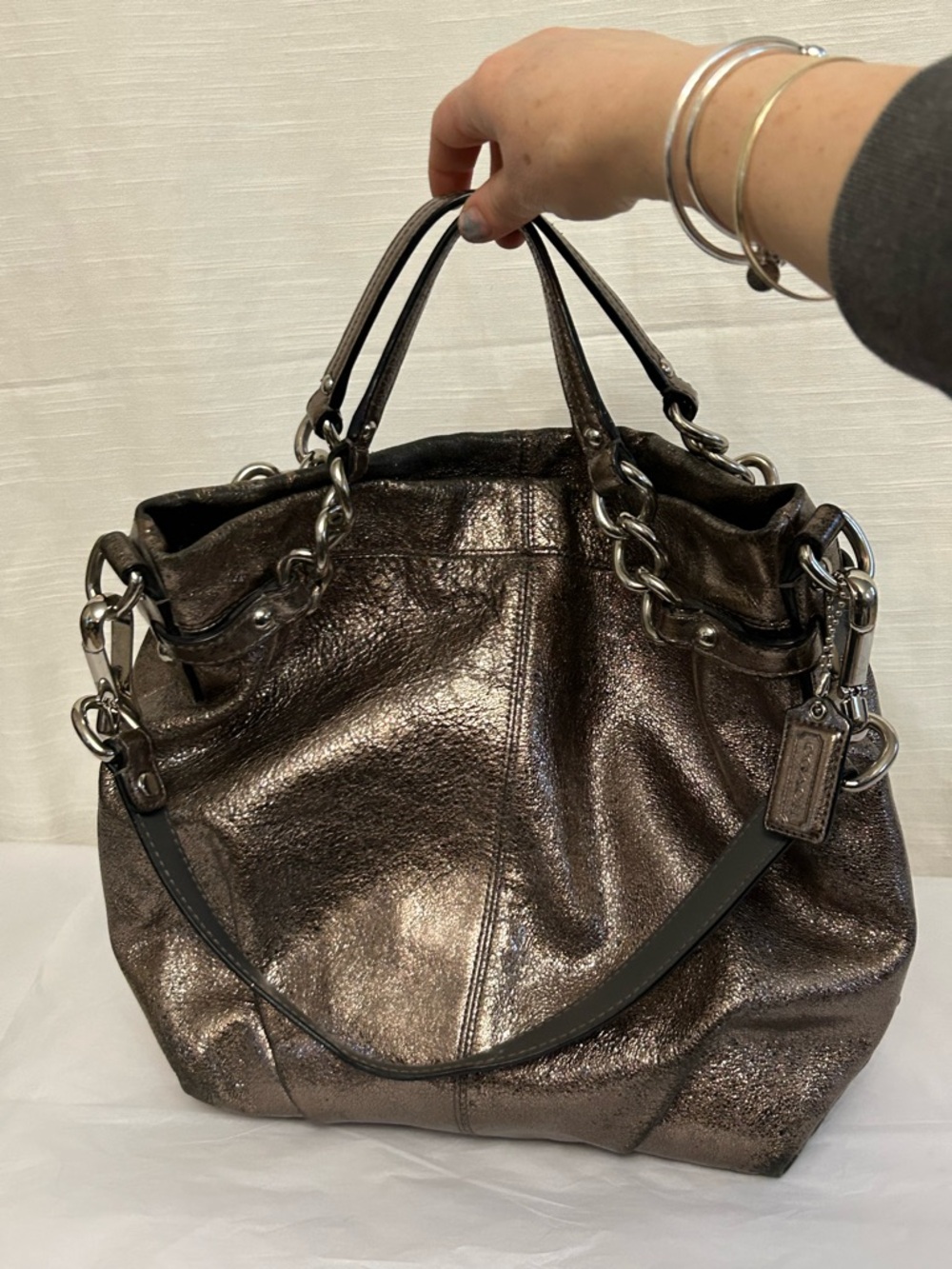 Vintage Coach Metallic Copper Brown 100% Leather Hobo Tote Handbag